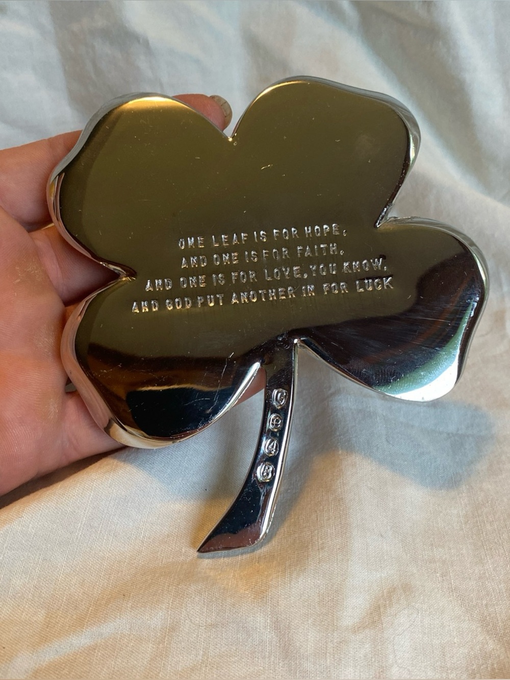Gerity 1984 Silver Tone 4Leaf Clover Shamrock ~ “Hope…Faith…Love…Luck…”